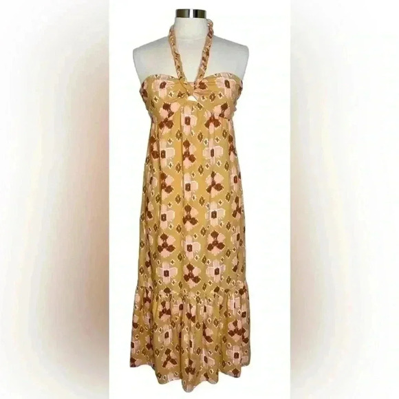 Aerie Braided Halter Hi-lo Midi Maxi Dress  Mustard Yellow Batik Linen NWOT - Picture 1 of 7